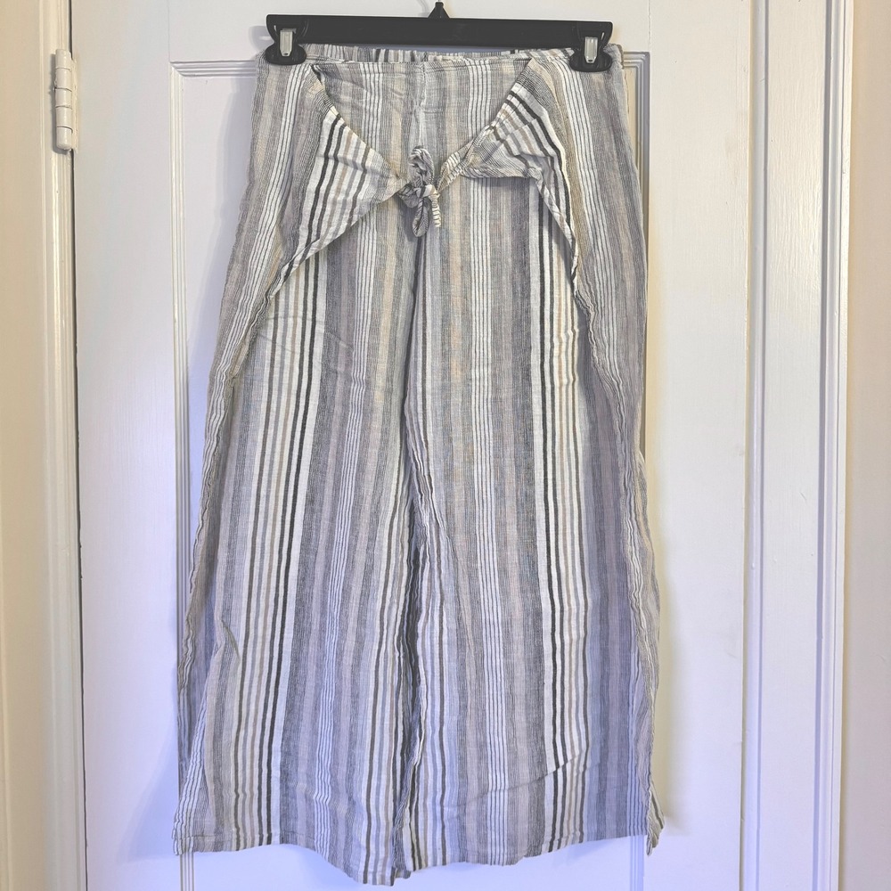 4Our Dreamers Striped Wrap Front Tie Wide Leg Cropped Pants Beige Grey Small